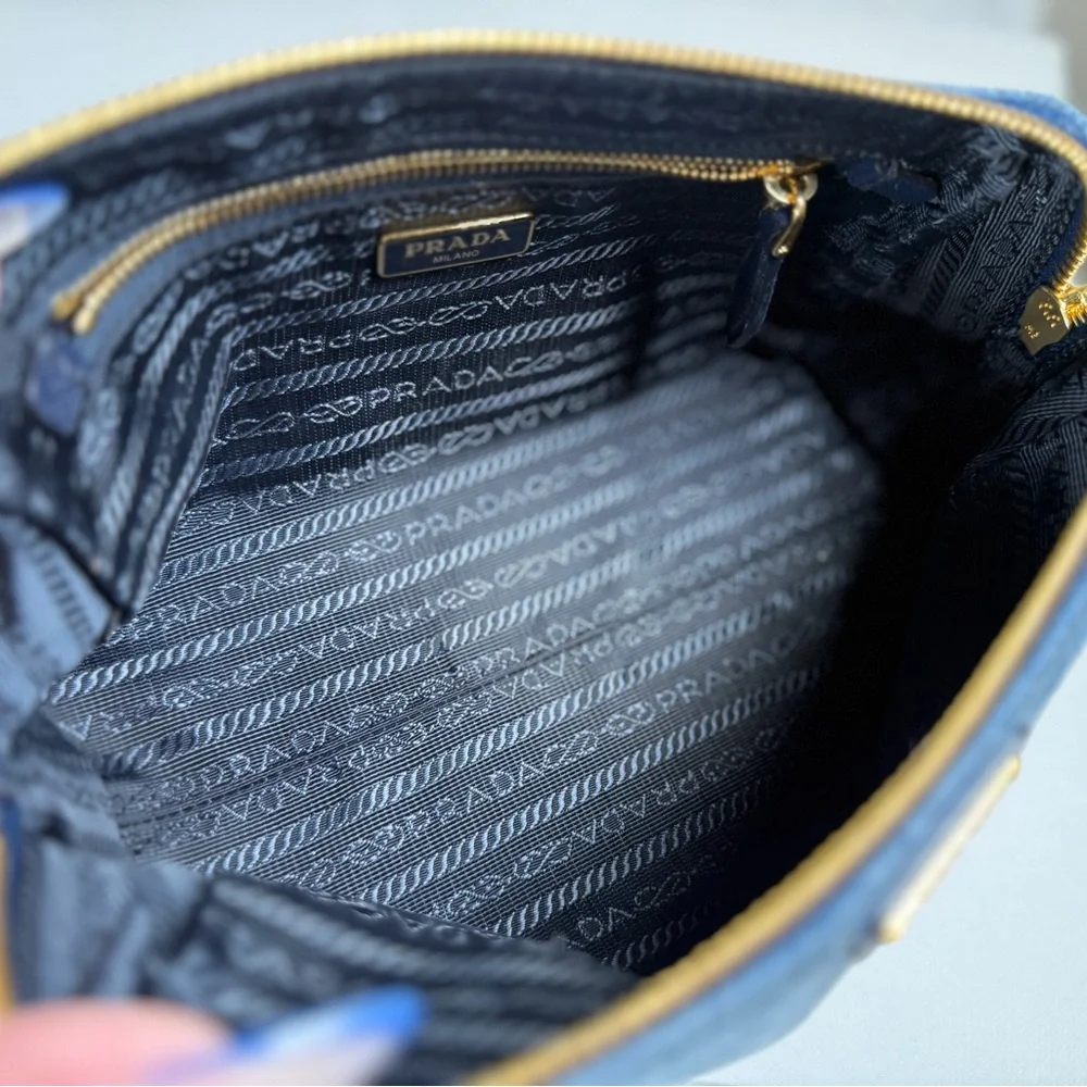 Prada Blue Denim Triangle Logo Pouch with Gold Hardware - Picture 12 of 16